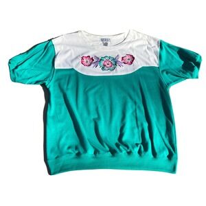 Vintage White Teal Green Floral Blast Short Sleeve Blouse Size Large